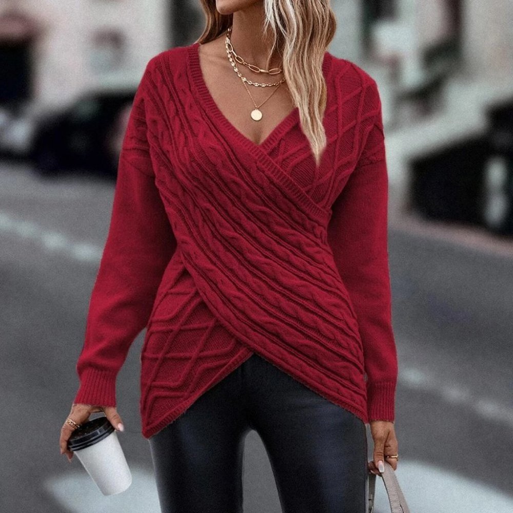 Red Casual Womens Wrap Cross Drop Shoulder Cable Knit Sweater - Picture 3 of 5